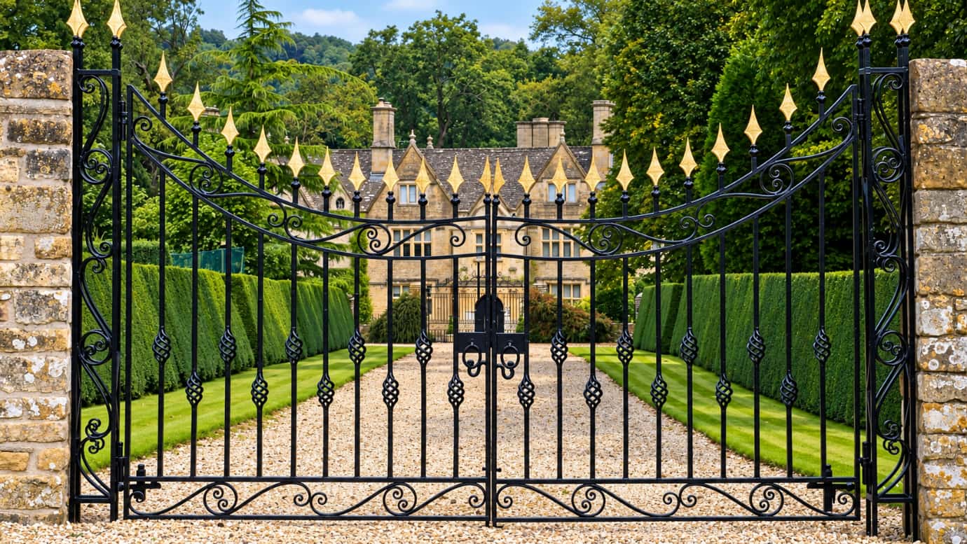 Wrought iron gates leading to a private country estate