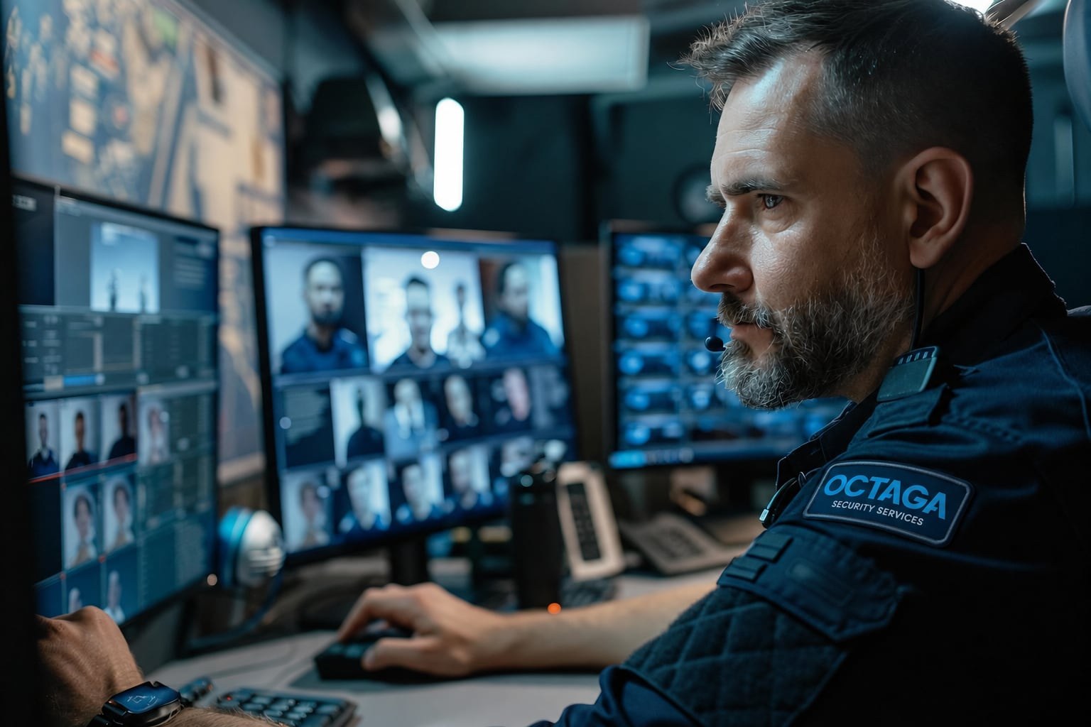 Octaga CCTV operative monitoring camera feeds in a control room