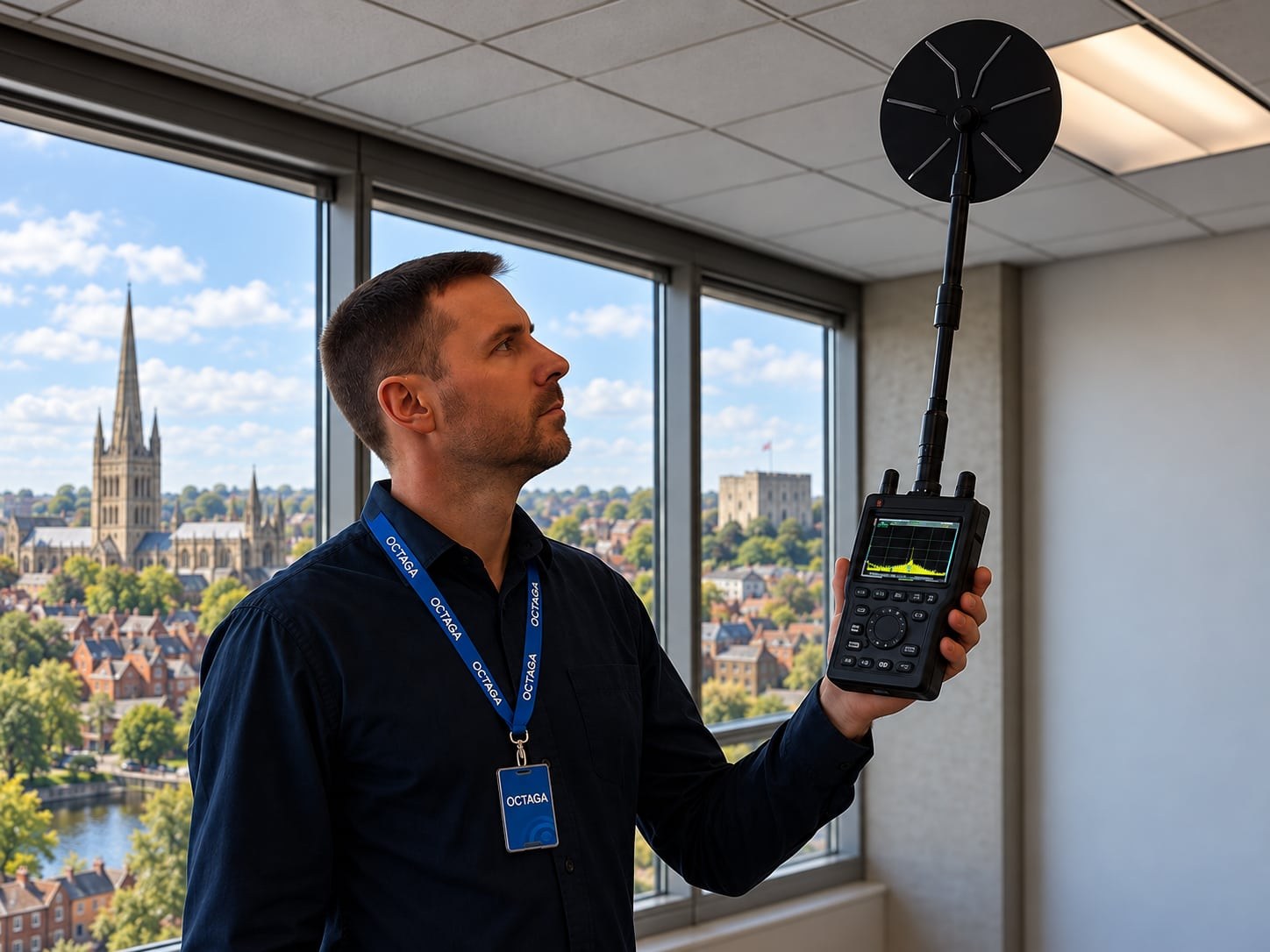 Octaga TSCM specialist sweeping an office with a handheld RF detector for hidden surveillance devices
