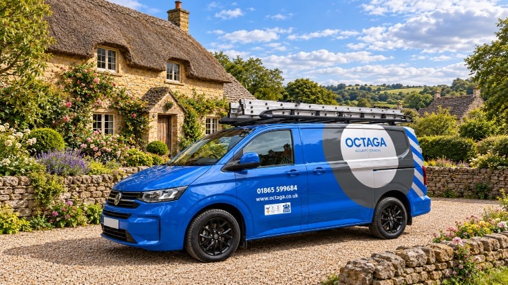 Octaga Security Services van outside a thatched cottage in the Cotswolds