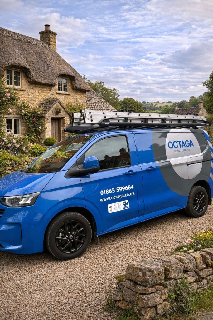 Octaga Security Services technical division van outside a thatched Cotswold stone cottage