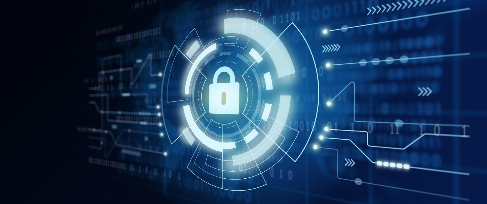 Glowing digital padlock surrounded by network circuitry representing cyber security protection