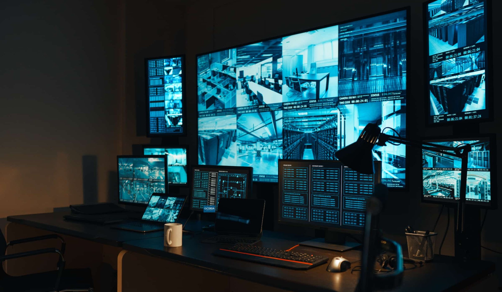 Bank of monitors in the Octaga control room, supporting security across London