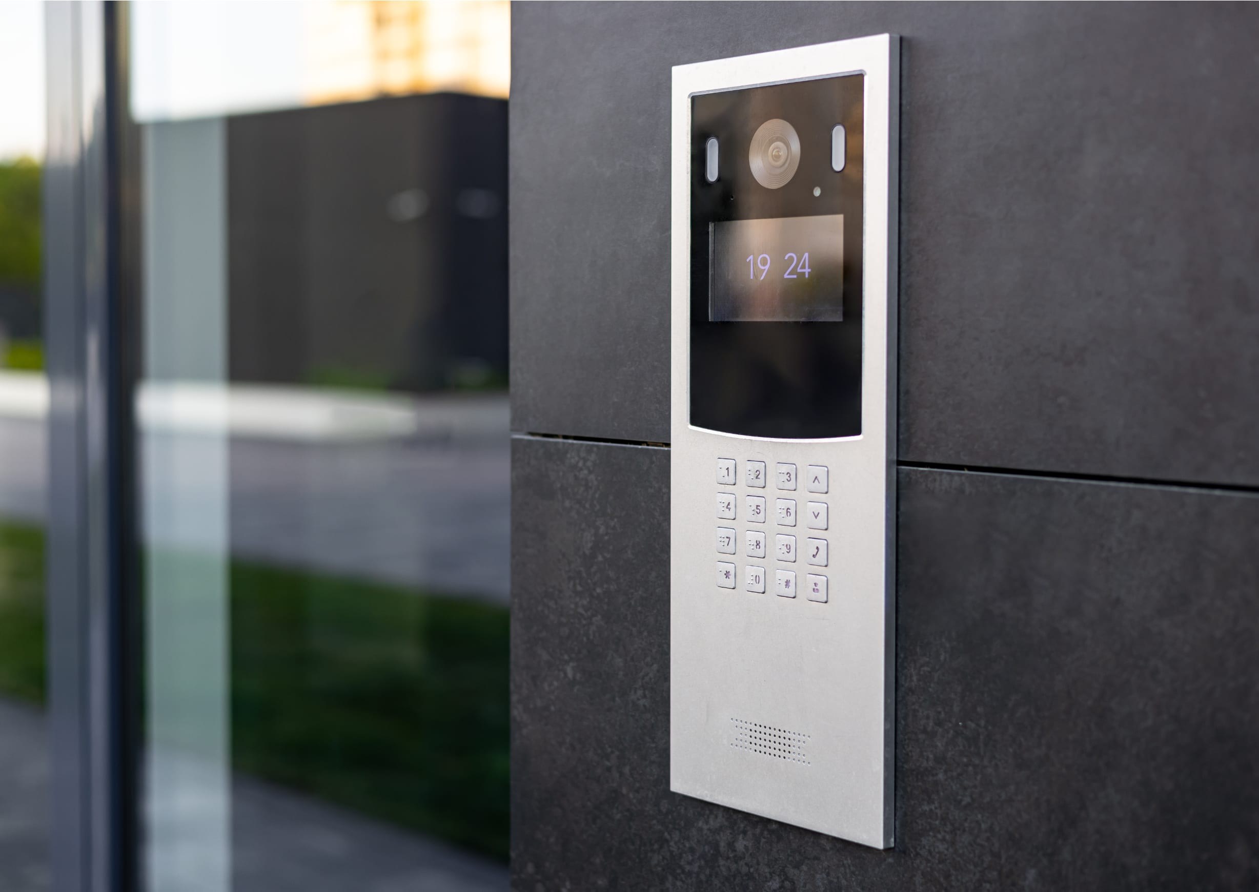 Video intercom entry panel with camera and keypad installed by Octaga technical security