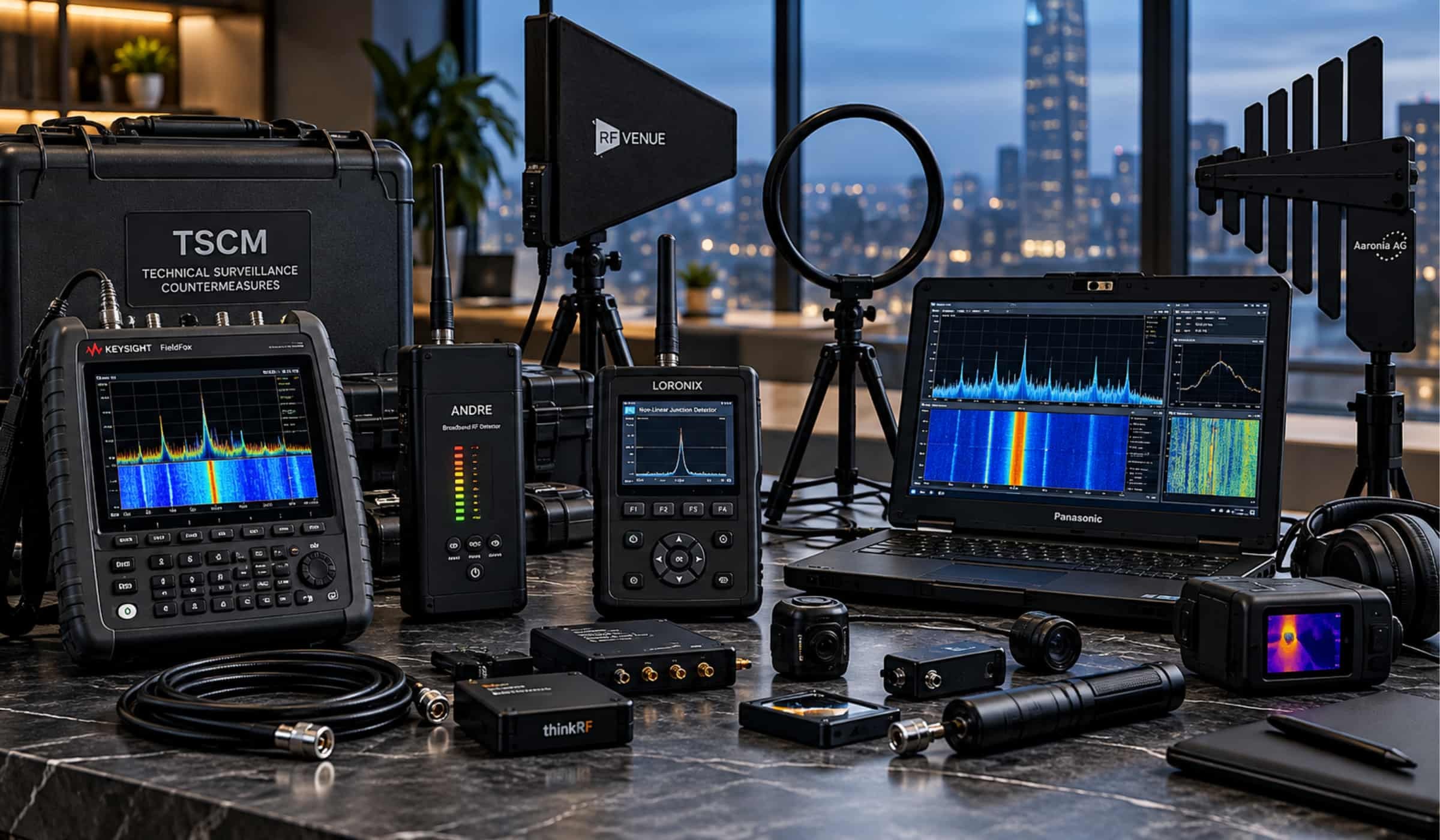 TSCM equipment including spectrum analysers, RF detectors and non-linear junction detector used for technical surveillance countermeasures sweeps